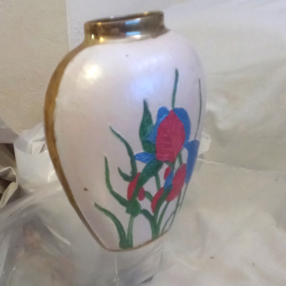 AVAILABLE -VTG Vase Oval in shape painted on brass. Red flowers & green leaves